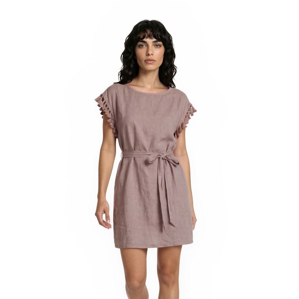 Rachel Ashwell 100% Linen Dress Women's Size Large Blush Pink Tassel Belted Cap